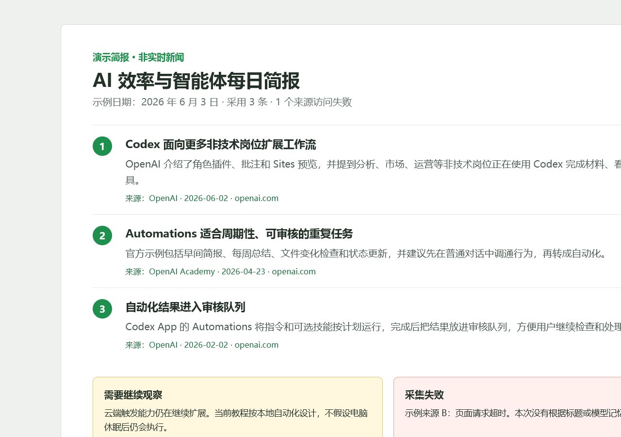 包含三条重点、原始来源和采集失败记录的行业简报示例